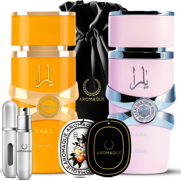 Lattafa Yara Pink + Yara Tous Combo for Women with Silver Refill Bottle, Four Scented Car Freshener Cards, and Black Satin Bag Gift Set
